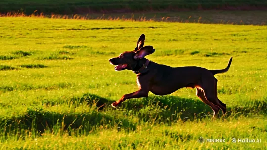 German Pointer Dog Leaps Joyfully in Sunlit Field – AI Generated Video | Hailuo AI