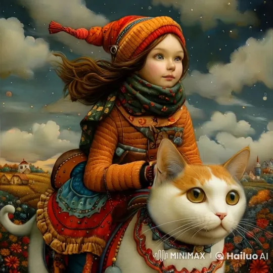 Magical Girl and Curious Cat Amidst Whimsical Village Sky – AI Generated Video | Hailuo AI