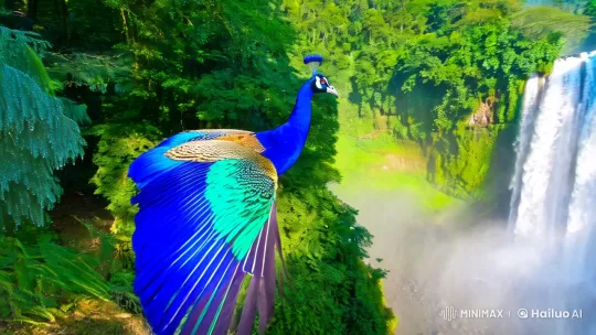 Peafowl in Flight Over Enchanted Waterfall – AI Generated Video | Hailuo AI