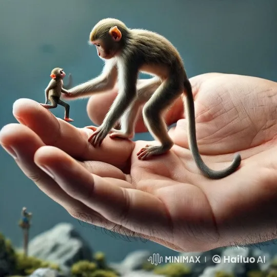 Monkeys Share Tender Moment on Human Hand – AI Generated Video | Hailuo AI