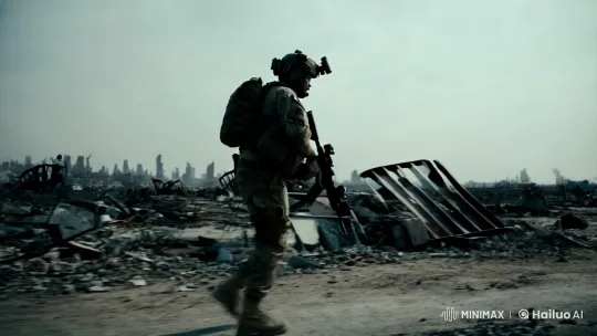 Soldier Advances Through War Zone in Dynamic Tracking Shot – AI Generated Video | Hailuo AI
