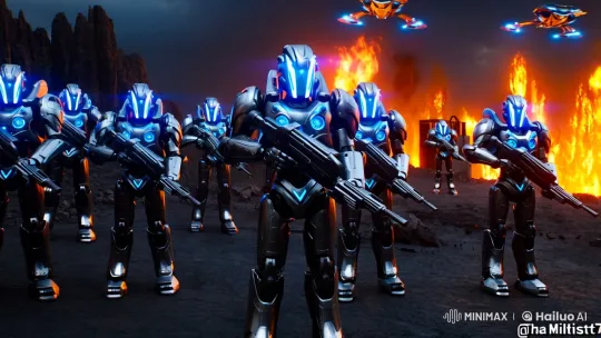 Futuristic Robots in War-torn Landscape with Drones – AI Generated Video | Hailuo AI