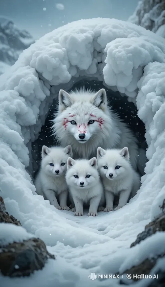 Arctic Fox Family Braves Blizzard for Survival – AI Generated Video | Hailuo AI