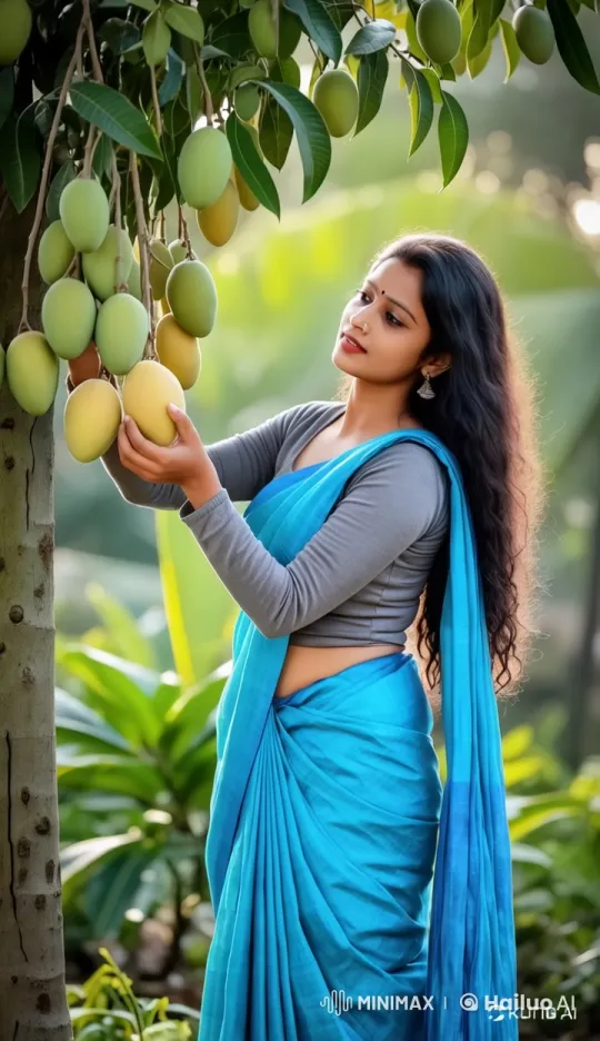 Woman Harvesting Mangoes in Serene Garden – AI Generated Video | Hailuo AI
