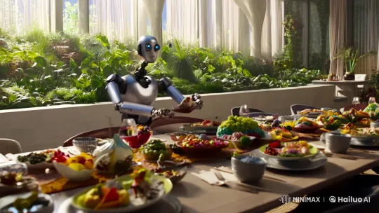 Futuristic Dining: Robot Tastes Artful Cuisine in Sky House – AI Generated Video | Hailuo AI