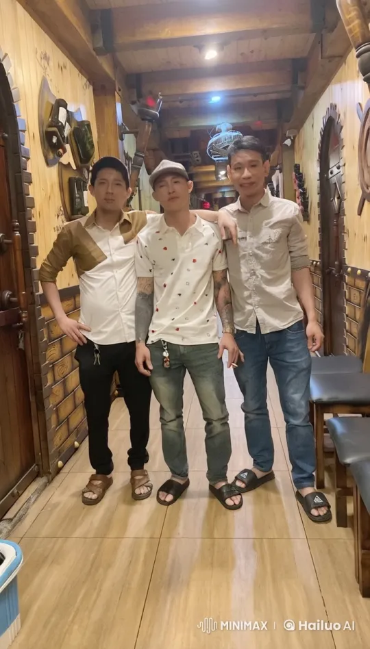 Three Men Perform Martial Arts in Wooden Hallway – AI Generated Video | Hailuo AI
