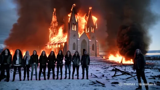 Norwegian Church Fire: Metalheads Witness Church Destruction – AI Generated Video | Hailuo AI
