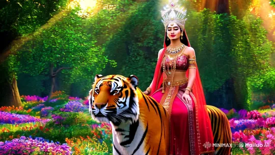 Radiant Goddess and Majestic Tiger in Enchanted Forest – AI Generated Video | Hailuo AI