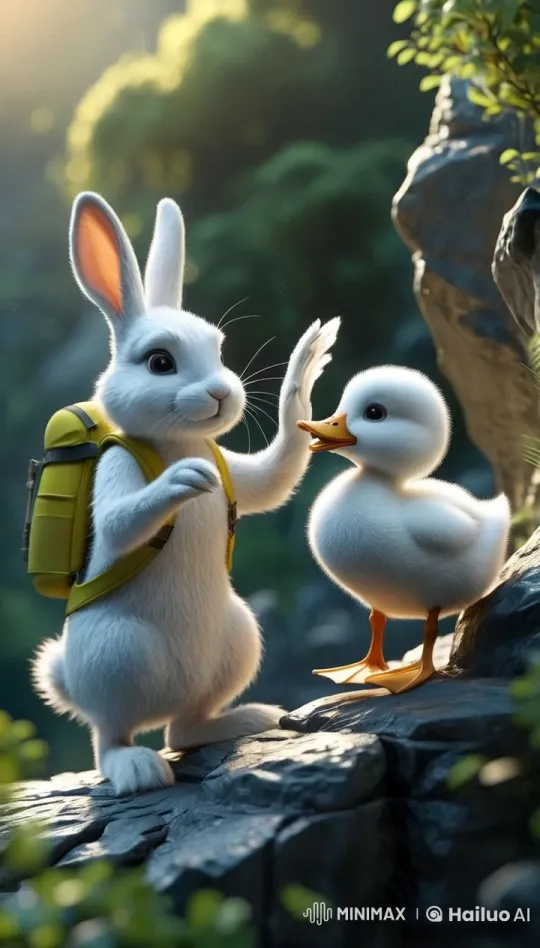 Cartoonish Adventure: Rabbit and Duckling Climb Mountain – AI Generated Video | Hailuo AI