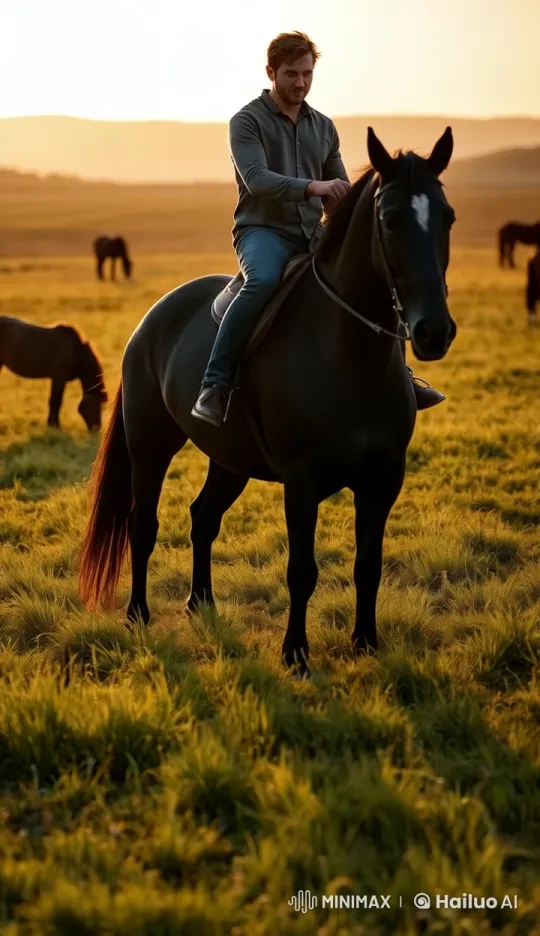 Man Thrown Off Rearing Horse in Serene Sunset Pasture – AI Generated Video | Hailuo AI