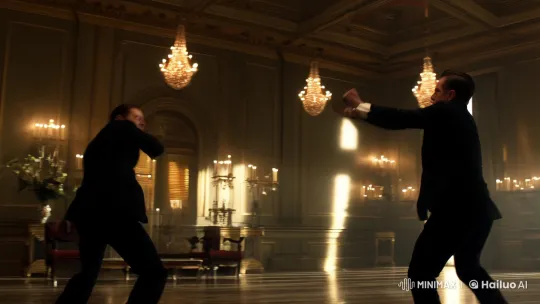 Aesthetic Fight Scene: Stylish Combat in an Opulent Room – AI Generated Video | Hailuo AI