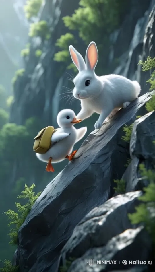White Rabbit Saves Duckling on Rocky Cliff in 8K Animation – AI Generated Video | Hailuo AI