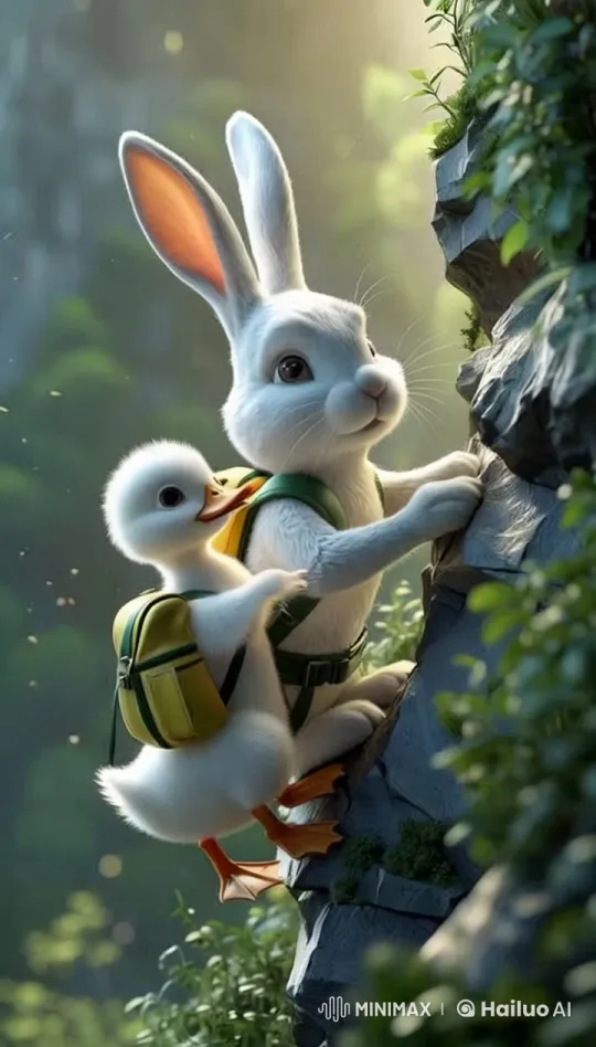 3D Render: Rabbit Rescues Duckling on Mountain – AI Generated Video | Hailuo AI