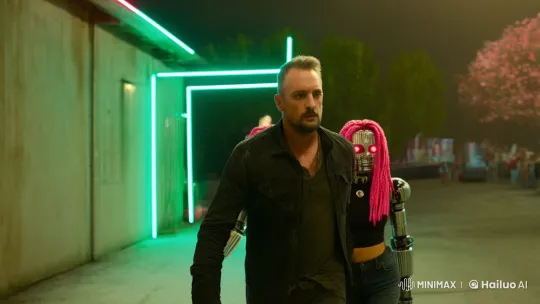 Man Leads Cyborgs to Apple Tree Amidst Concert Rhythm – AI Generated Video | Hailuo AI