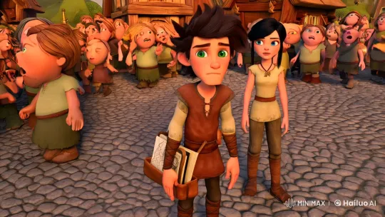 Alaric and Nora in Bustling Village Square at Dawn – AI Generated Video | Hailuo AI