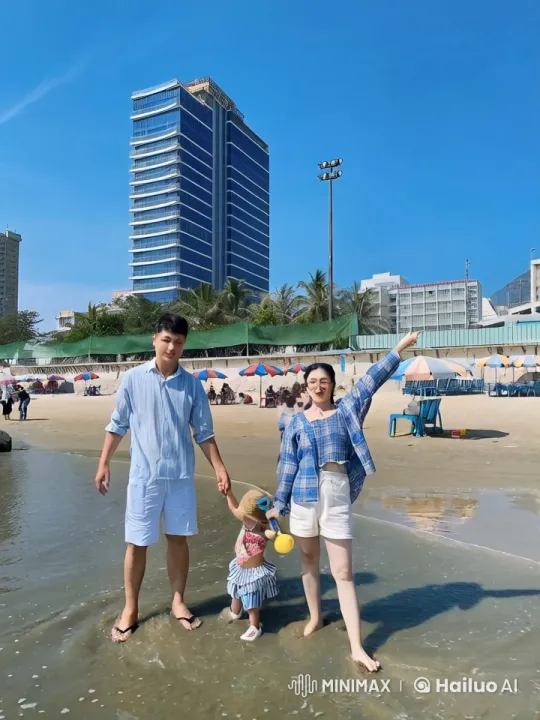 Family Practicing Kungfu on Beach with Skyscraper Background – AI Generated Video | Hailuo AI