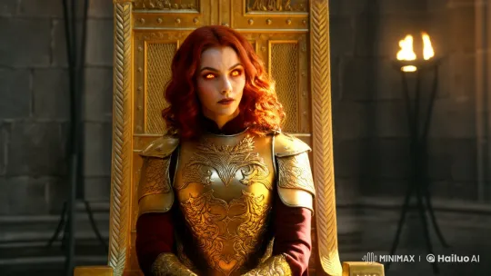 Red-Haired Queen in Golden Armor Commands Majesty – AI Generated Video | Hailuo AI