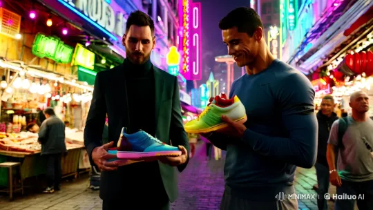 Messi and Ronaldo: A Market Encounter in the City Lights – AI Generated Video | Hailuo AI