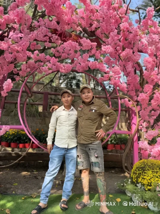 Friends Posed Under Vibrant Cherry Blossom Arch – AI Generated Video | Hailuo AI
