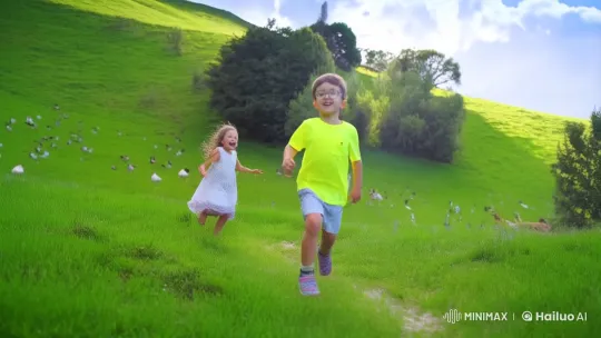 Boy Runs Joyfully Up Hill, Chasing Sister – AI Generated Video | Hailuo AI