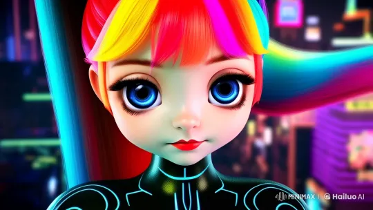 Rainbow-haired Woman in Futuristic Acrobatic Adventure – AI Generated Video | Hailuo AI