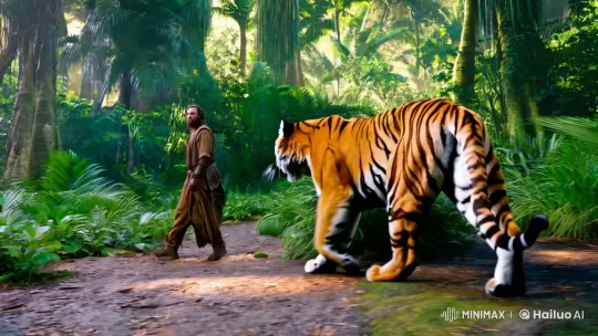 Tiger and Human Gracefully Navigate Verdant Jungle – AI Generated Video | Hailuo AI