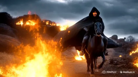 Mysterious Rider Emerges in Fiery Apocalyptic Battlefield – AI Generated Video | Hailuo AI