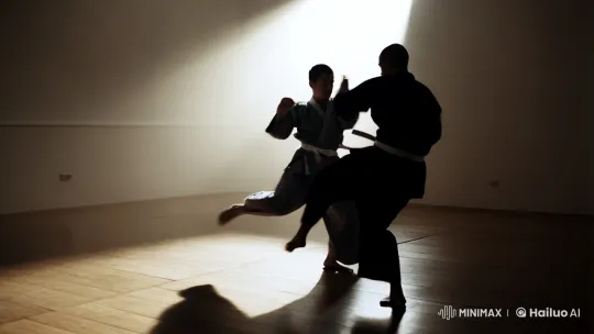 Artful Martial Artist Showcases Precision in Dimly Lit Dojo – AI Generated Video | Hailuo AI