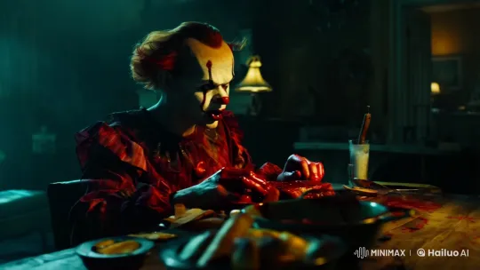 Pennywise Devours Steak in Realistic 8k Horror Scene – AI Generated Video | Hailuo AI