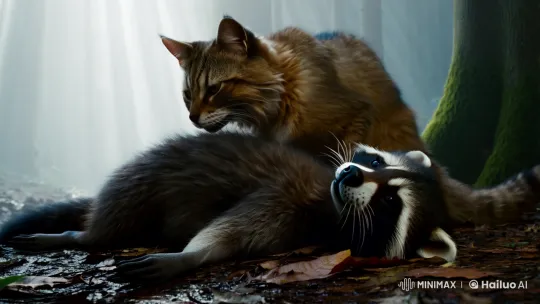 Cat Comforts Dying Raccoon in Enchanted Forest – AI Generated Video | Hailuo AI
