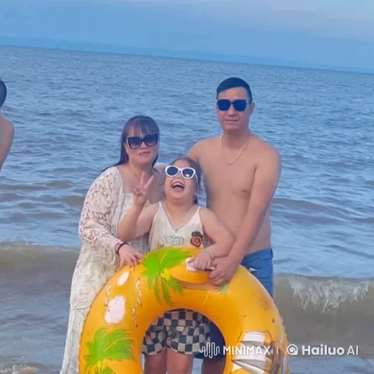 Family Enjoys Beach with Child Doing Kungfu Pose – AI Generated Video | Hailuo AI