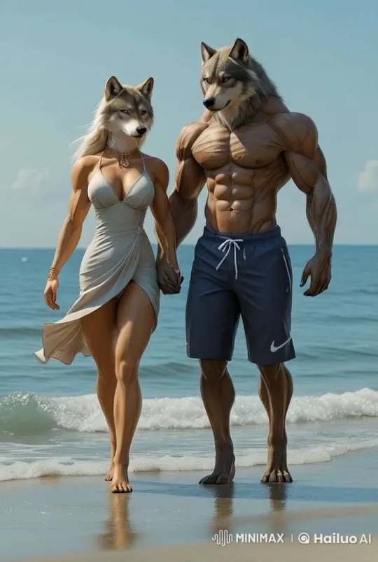 Muscular Wolf Couple Strolls Lovingly on Sunny Beach – AI Generated Video | Hailuo AI