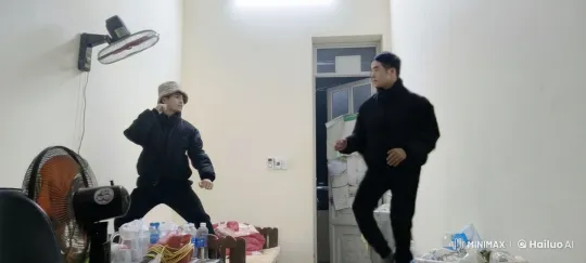 Kung Fu Masters Display Skill in Cluttered Room – AI Generated Video | Hailuo AI