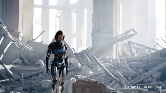 Half-Robot Woman Amidst Ruins: A Poignant Scene – AI Generated Video | Hailuo AI