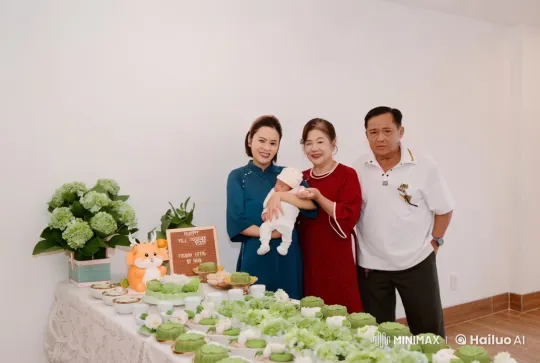 Family Celebrates Newborn's Full Month with Green-Themed Desserts – AI Generated Video | Hailuo AI