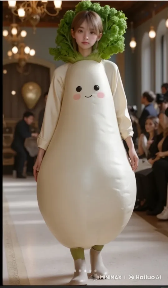 Whimsical Radish Costume Struts Runway at Fashion Show – AI Generated Video | Hailuo AI