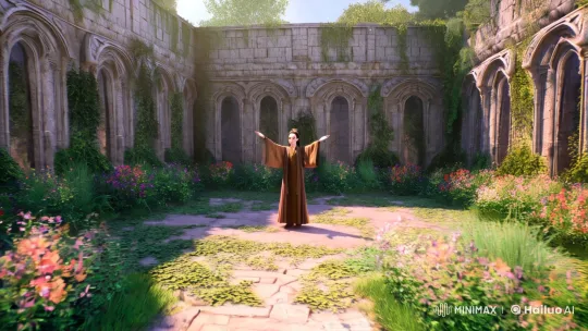 Elegant Figure in Serene Stone-Courtyard Setting – AI Generated Video | Hailuo AI