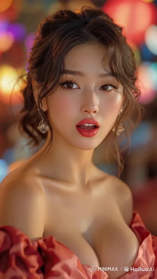 Elegant Woman in Red Dress with Warm Smile and Festive Background – AI Generated Video | Hailuo AI