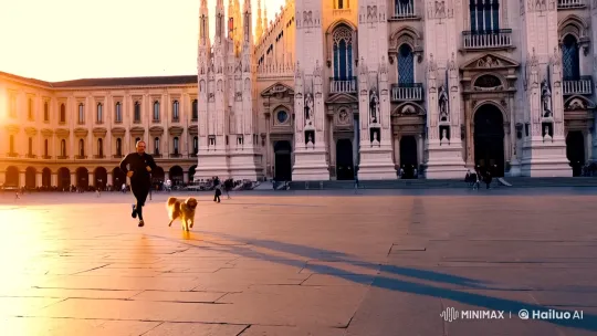 Man and Golden Retriever Sprint Through Milan's Piazza – AI Generated Video | Hailuo AI
