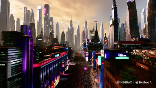 Crowded Cyberpunk City Hall with Towering Skyscrapers – AI Generated Video | Hailuo AI