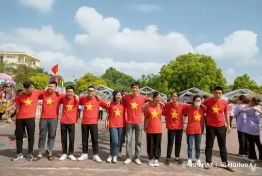 Red-shirted group displays martial arts unity outdoors – AI Generated Video | Hailuo AI