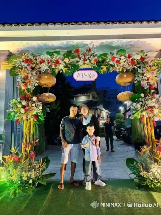 Family Performs Kungfu Under Nighttime Floral Arch – AI Generated Video | Hailuo AI