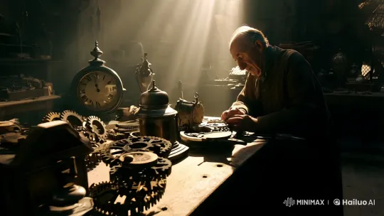 Elderly Clockmaker's Intimate Craftsmanship in Dim Workshop – AI Generated Video | Hailuo AI