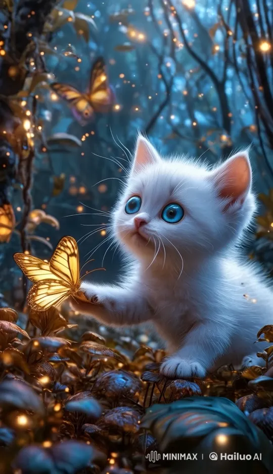 Curious Kitten Chases Glowing Butterfly in Enchanted Forest – AI Generated Video | Hailuo AI