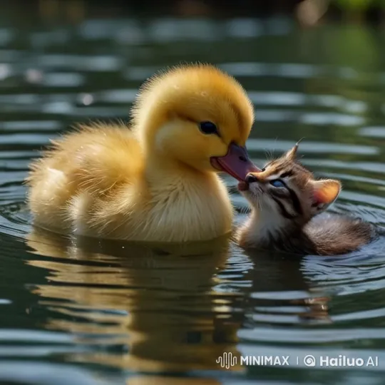 Harmonious Friendship: Duckling and Kitten Play on Water – AI Generated Video | Hailuo AI
