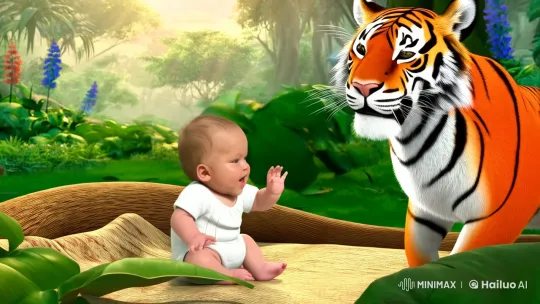 Baby and Bengal Tiger Share Serene Moment in Jungle – AI Generated Video | Hailuo AI