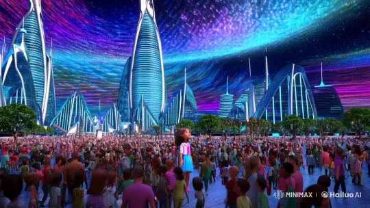 Futuristic Metropolis Plaza with Enchanted Girl in Light Show – AI Generated Video | Hailuo AI
