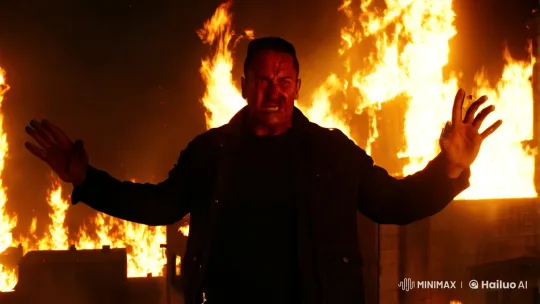 Mafia Figure Stands Resolute in Fiery Inferno – AI Generated Video | Hailuo AI