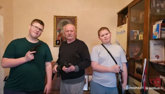 Three Individuals in a Cozy Room with Firearms – AI Generated Video | Hailuo AI