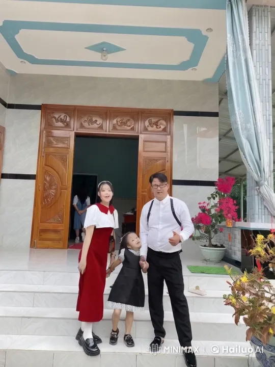 Family Celebrates with Playful Dance Outside Colorful Home – AI Generated Video | Hailuo AI